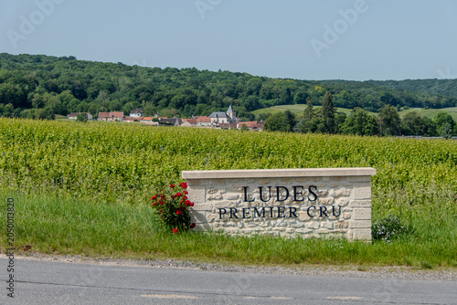 Epernay, France, May 24, 2026. A scenic view of a stone welcome sign reading Ludes Premier Cru