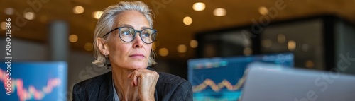 Serious woman gazes at financial charts