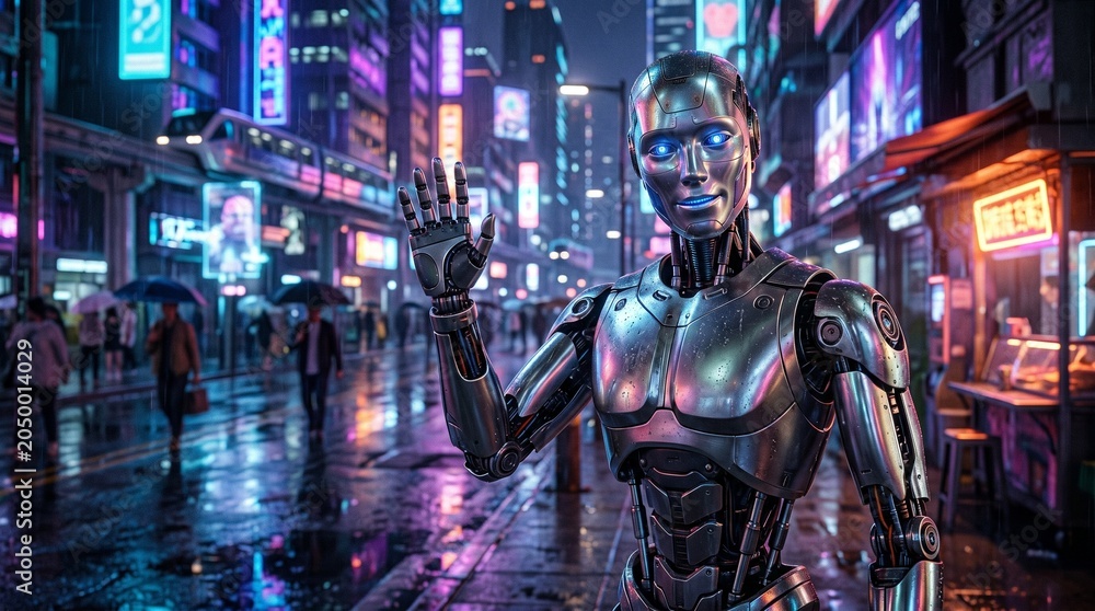 Naklejka premium Futuristic Humanoid Robot Saying Hi in Cyberpunk City