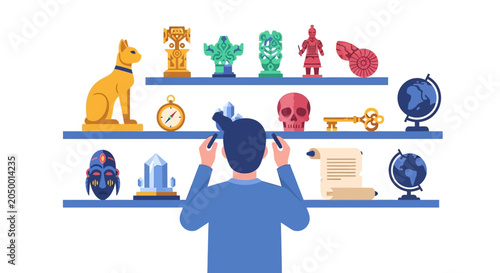 Tableau sur toile Collector Arranging Artifacts on Shelves: Antiques, Globes, Skull, Key, Mask