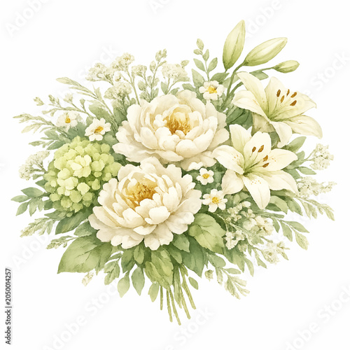 Elegant Watercolor White Peonies Lilies and Hydrangeas Floral Arrangement
