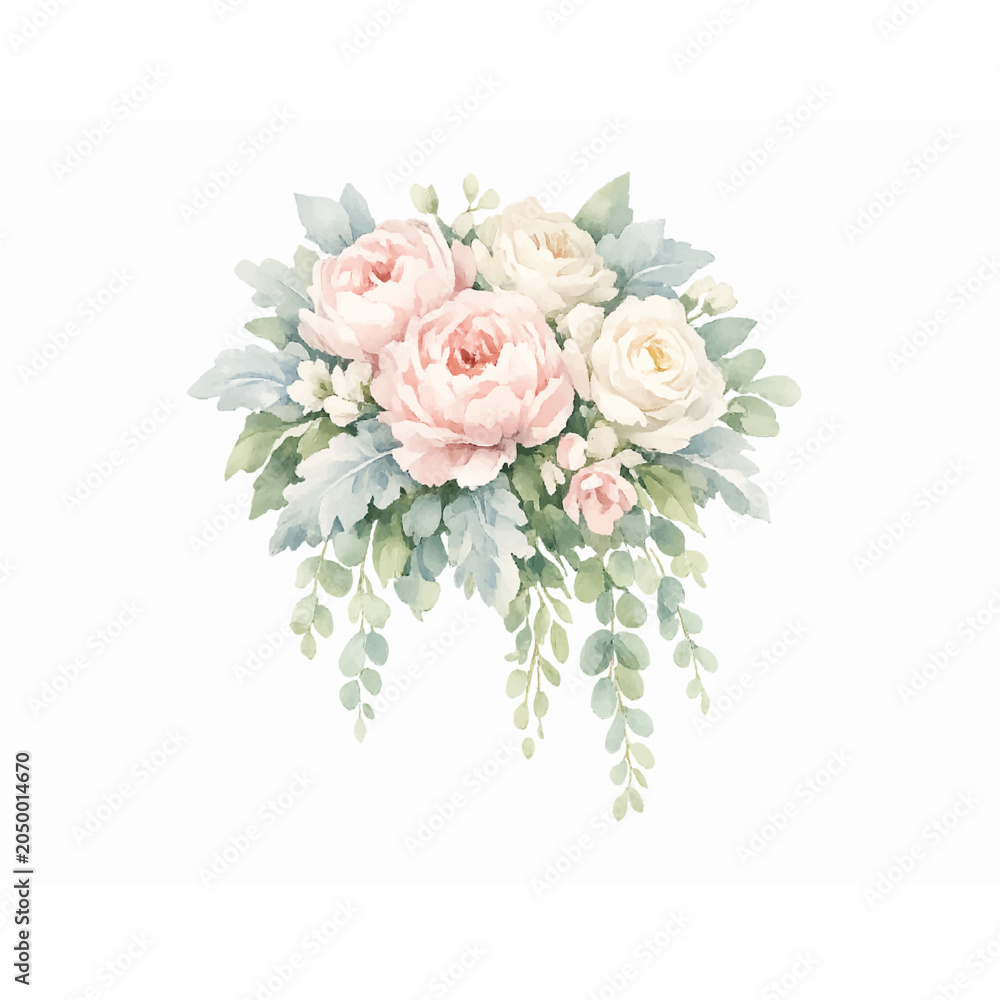 Fototapeta premium Watercolor Soft Pink Rose Bouquet with Eucalyptus Leaves Botanical Illustration