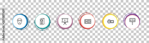Foto outline cinema icons set - sad mask, loud woofer box, projector screen, movie billboard