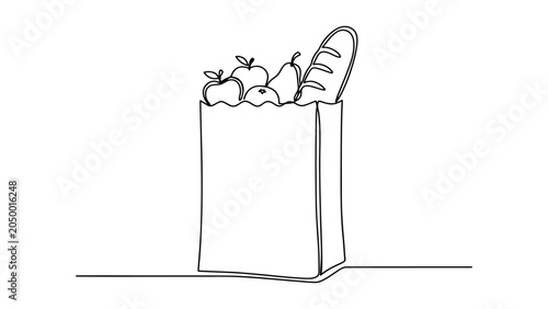 Photos Paper Grocery Shopping Bag with Fresh Fruits and Bread Minimal Line Art Illustra