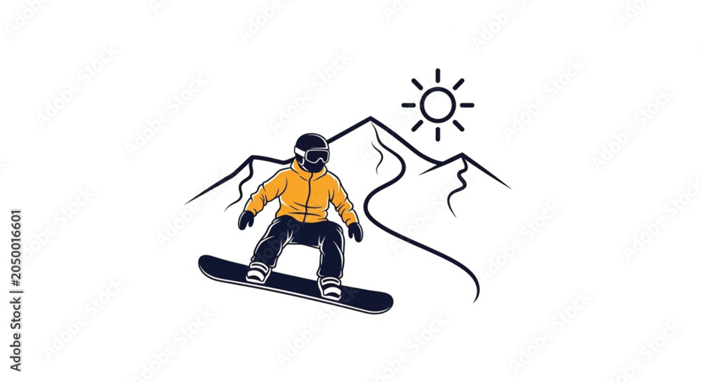 Fototapeta premium Man Riding Snowboard Down Mountain Slope.