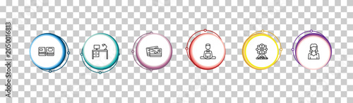 Foto outline business icons set - broken credit card, work table, music business card, businesswomen