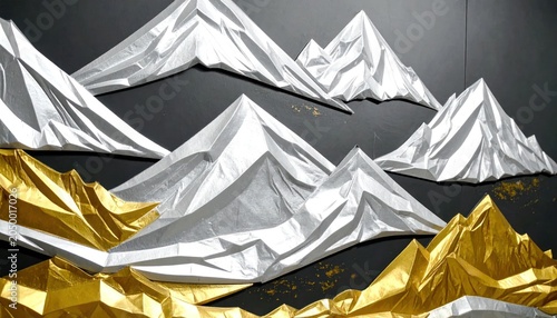Abstract metallic silver and gold folded foil mountain landscape.