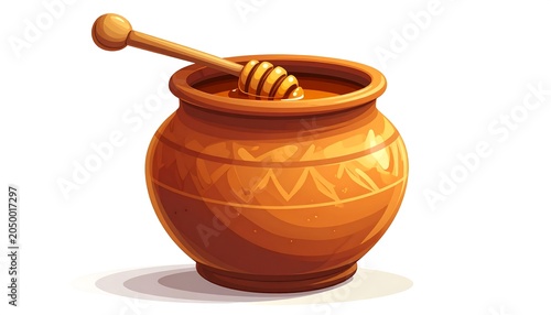A clay pot filled with honey and a honey dipper on top