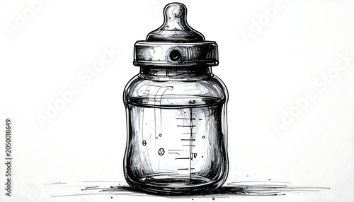 A clear glass baby bottle with a nipple and measurements