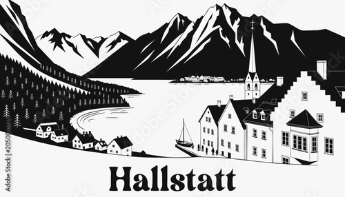Photography Very beautiful black-and-white engraved vector illustration featuring Hallstatt