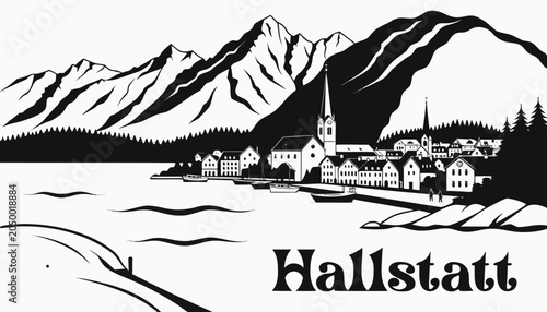 фотографія Very beautiful black-and-white engraved vector illustration featuring Hallstatt