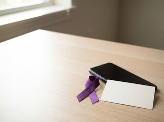 Purple Awareness Ribbon and Smartphone on Minimal Wooden Desk