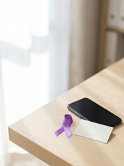 Purple Awareness Ribbon and Smartphone on Minimal Wooden Desk