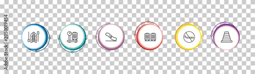 Foto outline airport terminal icons set - lifeboat, baggage scale, airport down stairs, road cone