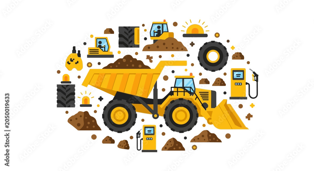Naklejka premium Heavy Construction and Mining Machinery Set with Dump Truck, Excavator, and Gas Station Icons - Flat Vector Illustration on White Background
