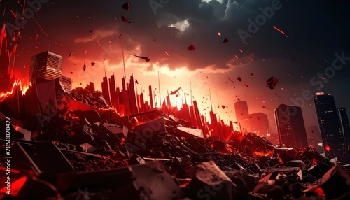 Apocalyptic city ruins under a dramatic red glowing sky.