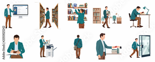 Bild auf Leinwand Collection of Flat Vector Illustrations Showing a Man in Library and Office for