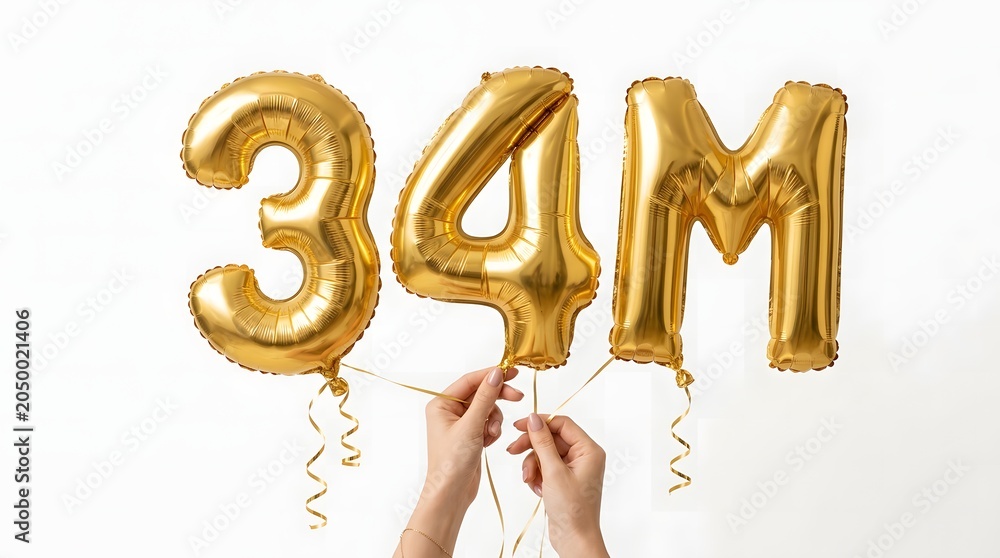 Naklejka premium Golden balloons forming 34m on white background