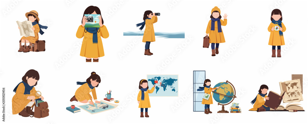 Fototapeta premium Set of little girl traveler character illustrations. Young explorer kid with map, camera, globe, and suitcase for travel and adventure concept.