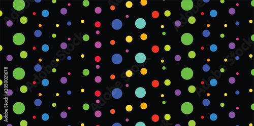 Fotografía Dynamic multicolored polka dot pattern on black background for energetic commerc