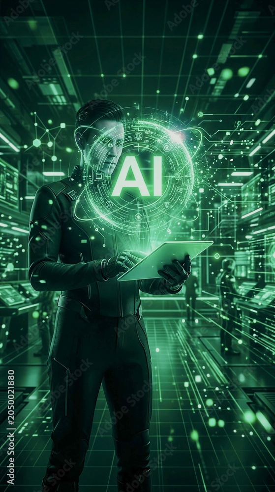 Obraz premium Cybernetic Engineer Interacts with Augmented Reality Interface in Futuristic Data Core