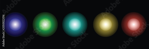 Schilderij op canvas Five luminous colorful orbs with soft glowing light effects isolated on black ba