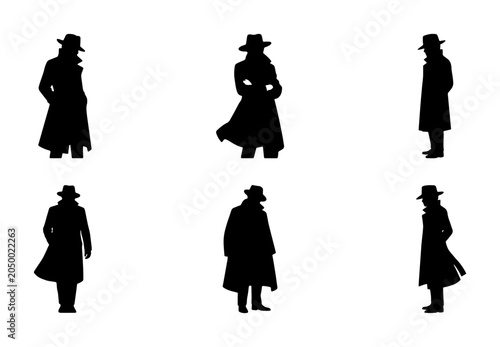 Obraz na plátně Detective Silhouette Collection, Vintage Spy Icons, Retro Noir Character Set, Bl