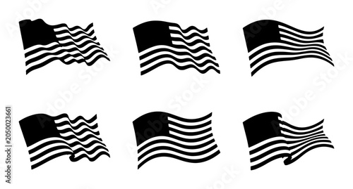 Foto Set of 6 Waving American Flag Icons, USA Patriotism Symbols, Black and White Vec