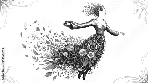 Obraz na płótnie Elegant black and white illustration of a woman transforming into nature, featuring flowing floral dress and leaves for fantasy projects