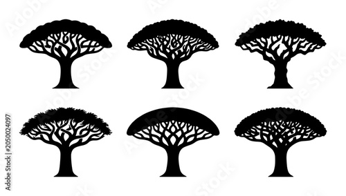 Cuadro en lienzo Six Silhouette Acacia Trees, Flat Vector Icons, African Savanna Flora, Minimalis
