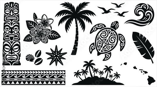 Foto Polynesian and Hawaiian tribal vector elements set including tiki mask, sea turt