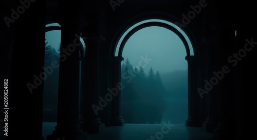 Mysterious Dark Archway Overlooking a Foggy Pine Forest and Lake at Tw
