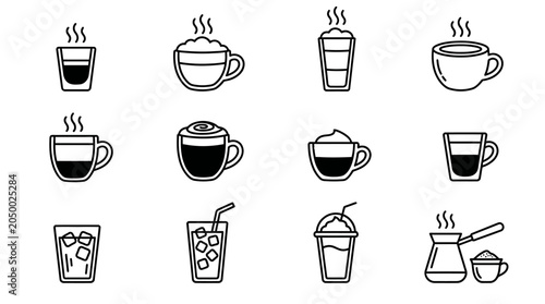 Fotografia Various coffee and tea beverages are illustrated in a collection of twelve different cups and mugs on a white background with a coffee maker