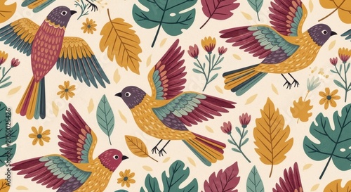 Colorful Folk Art Seamless Pattern with Flying Birds, Autumn Leaves, a