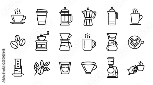 Foto Coffee icons including cups, brewers, and beans on a clean surface