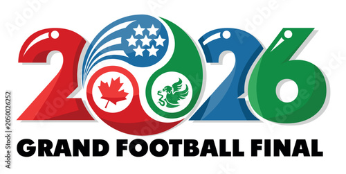 2026 global soccer championship with colors of the host countries. Abstract football ball with lettering 2026 in flags colors. Vector on transparent background