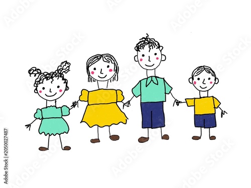 Like children drawing family mother father son daughter illustration drawn with pencils mummy daddy sister brother	
