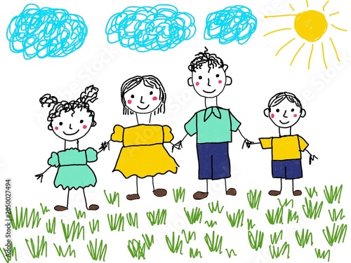 Like children drawing family mother father son daughter illustration drawn with pencils mummy daddy sister brother	
