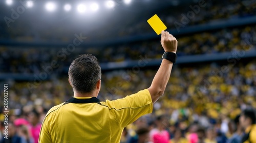 Soccer referee holding a yellow card up in a stadium, signaling a penalty during an important championship game