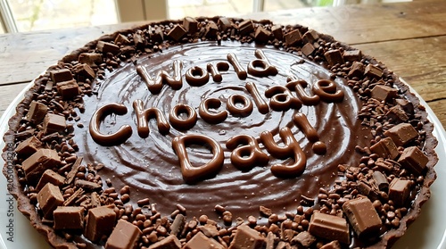 Chocolate cake with chocolate chunks and chocolate frosting on wooden table for world chocolate day celebration