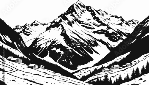 Photos Very beautiful black-and-white engraved vector illustration featuring the Swiss