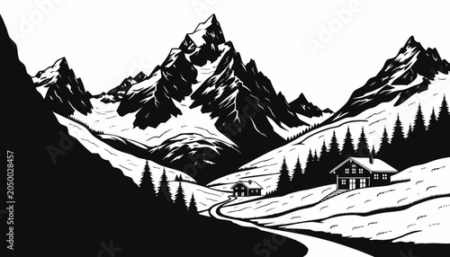 Tableau sur toile Very beautiful black-and-white engraved vector illustration featuring the Swiss
