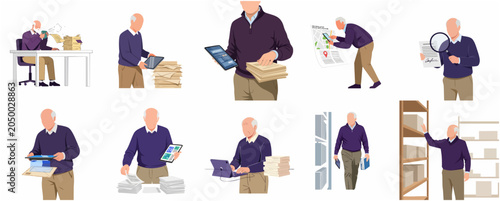 Tableau sur toile Senior male archivist character set managing document digitization, paper archiv