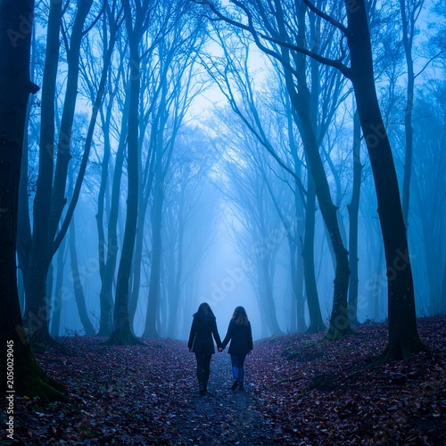 two best friends walking in the foggy and scary dark woods