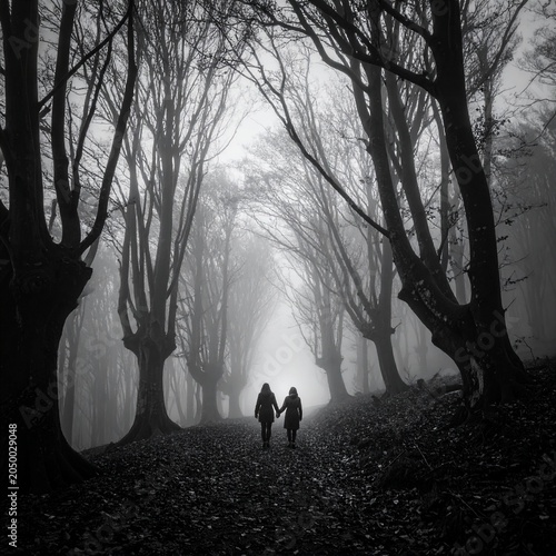 two best friends walking in the foggy and scary dark woods
