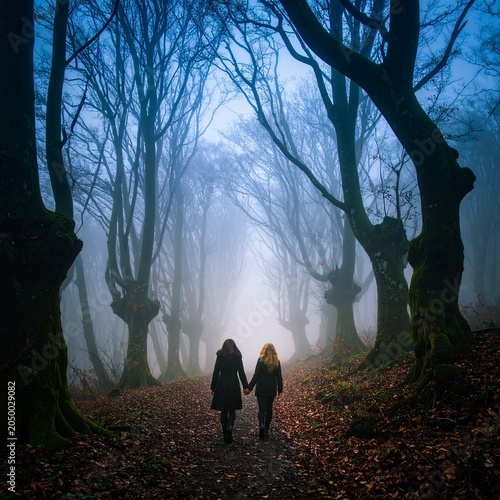two best friends walking in the foggy and scary dark woods