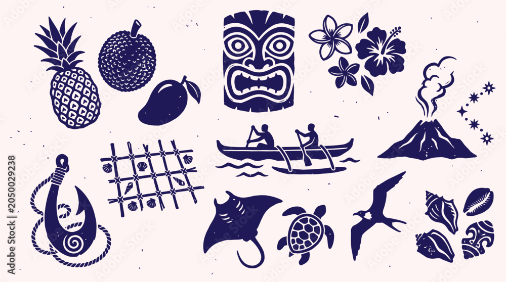Obraz premium Set of Polynesian cultural elements and tropical nature silhouettes vector illustration