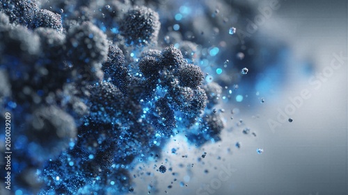 Abstract macro blue metallic dust particles dissolving into glowing spheres for futuristic science background