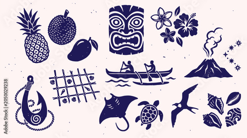 Foto Set of Polynesian cultural elements and tropical nature silhouettes vector illus