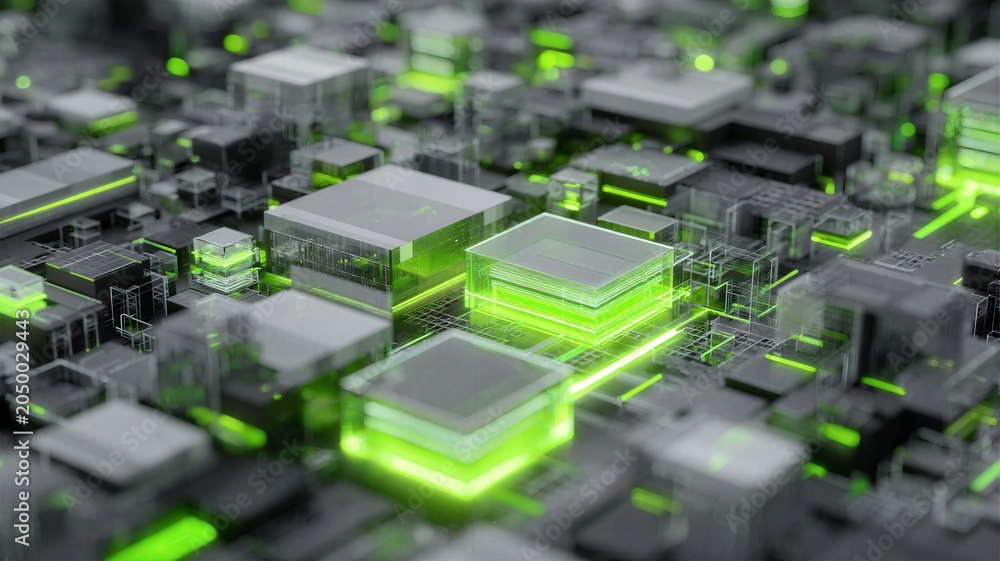 Fototapeta premium Macro view of futuristic green glowing circuit board processors for artificial intelligence hardware